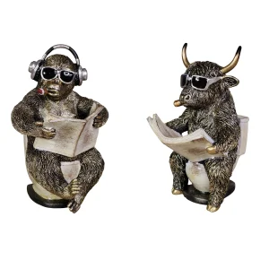 Tierfigur mit Zeitung Deko Kuh Figur oder Affenfigur auf Toilette