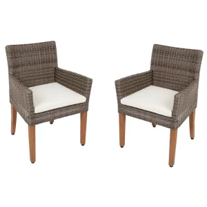 Gartenstuhl Armlehnstuhl PALA 2er Set Akazie FSC 100% Aluminium Kunststoffgeflecht Braun Polyrattan Outdoor