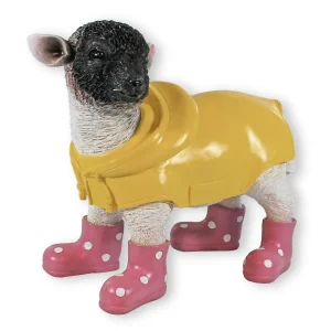 Gartenfigur Schaf mit Gummistiefeln rosa und Regenmantel Lamm Figur Garten Dekofigur Lamm