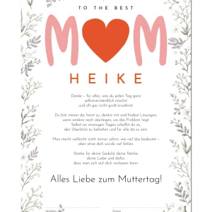 Muttertags Urkunde 'To the best Mom' | Personalisierbar mit Namen | 30x40 cm